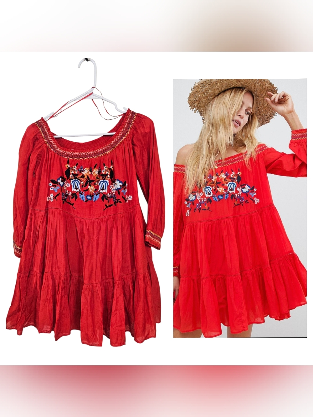 Free People Sunbeams Embroidered Off-The-Shoulder Mini Bohemian Tiered Dress
